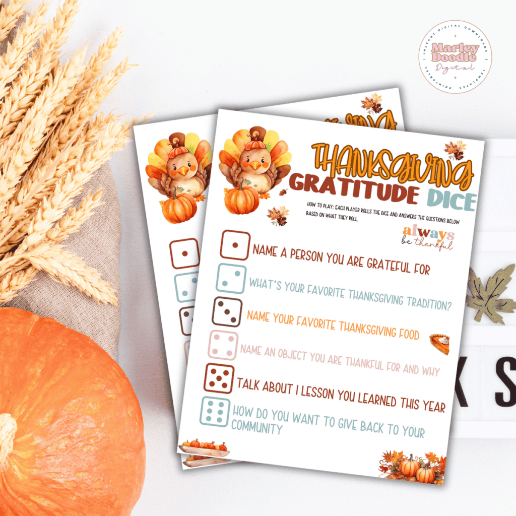 Fun easy gratitude thanksgiving dice game free printable marley