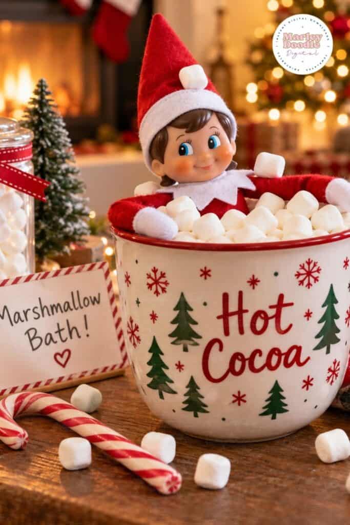 Elf on the shelf in a hot cocoa cup taking a marshmallow bath.