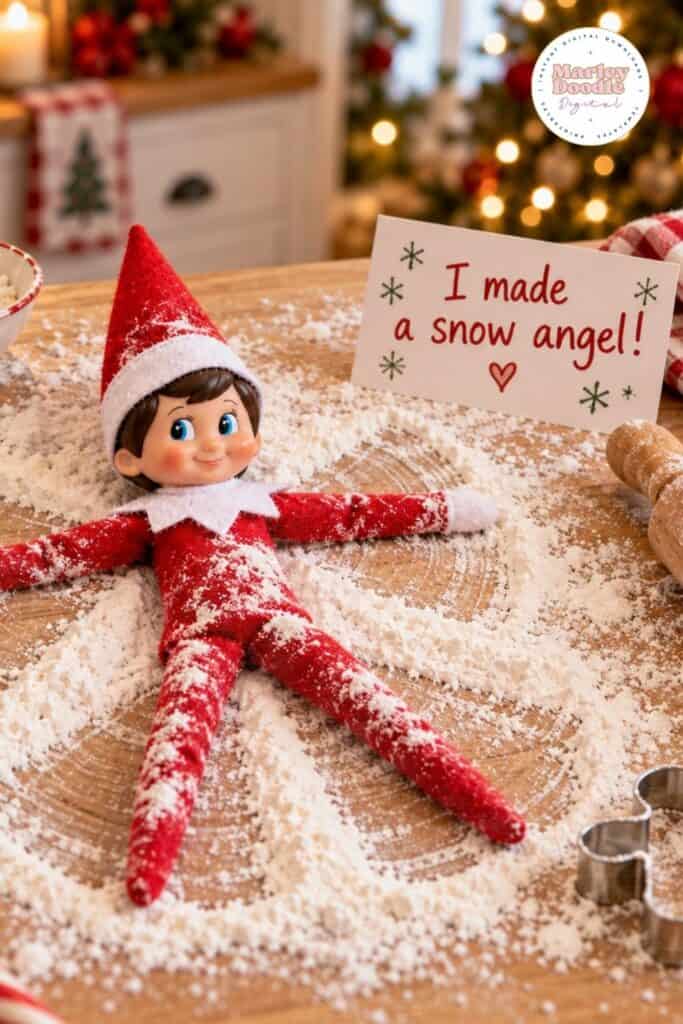 Elf on the shelf on the kitchen counter making a snow angel.