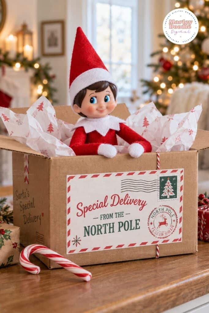 Elf on the shelf in a special delivery box.