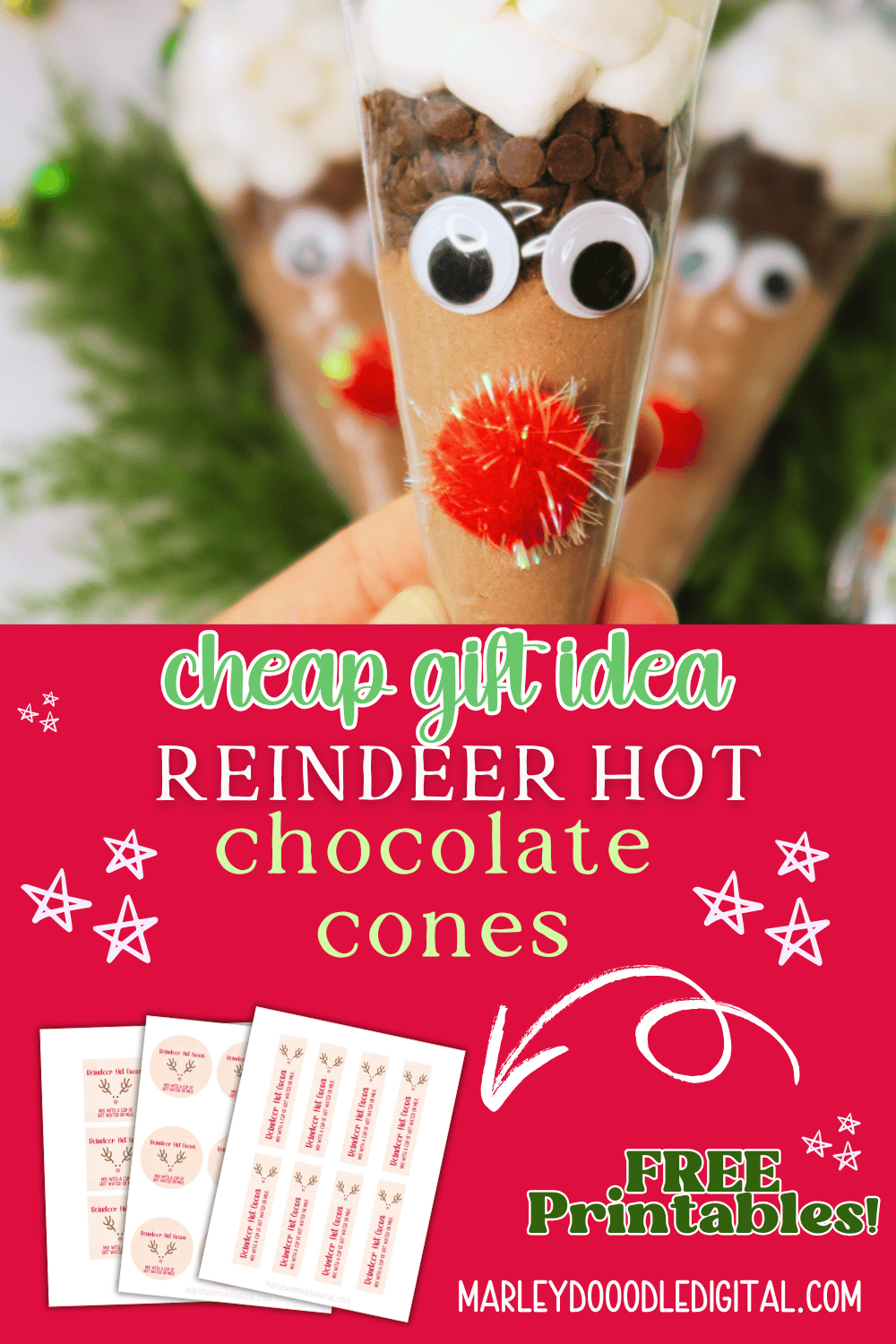 DIY Reindeer Hot Chocolate Cones w/ Printable Easy Christmas Gift