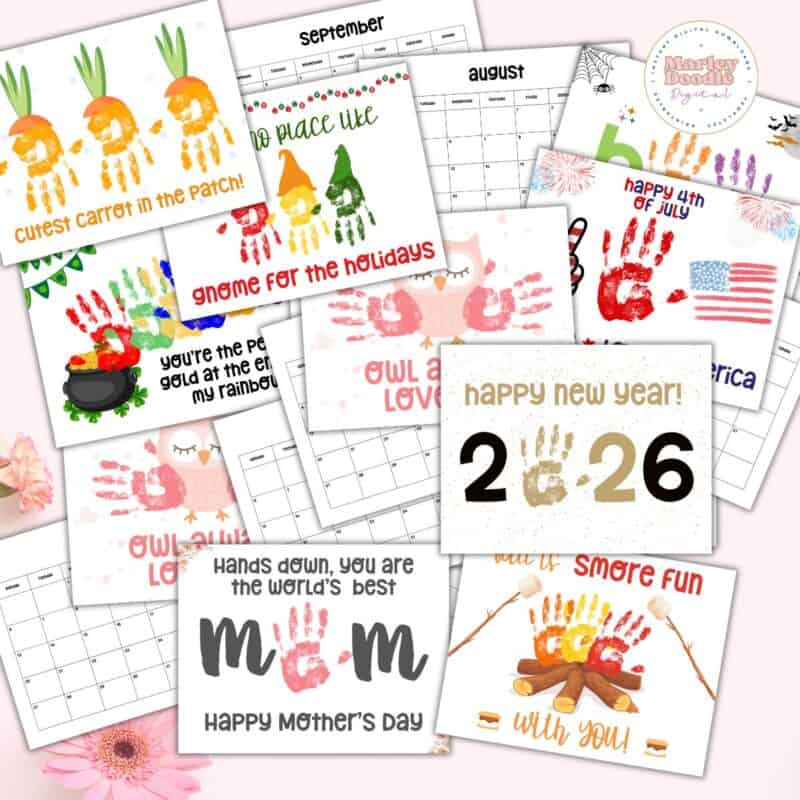 2026 Cute & Free 12 Month Handprint Art Calendar - Marley Doodle Digital
