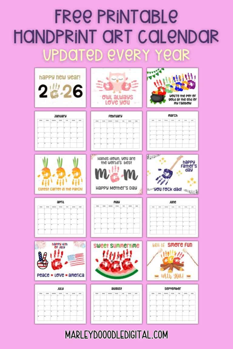 2026 Cute & Free 12 Month Handprint Art Calendar - Marley Doodle Digital