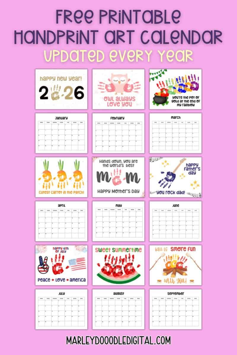 2026 Cute & Free 12 Month Handprint Art Calendar - Marley Doodle Digital