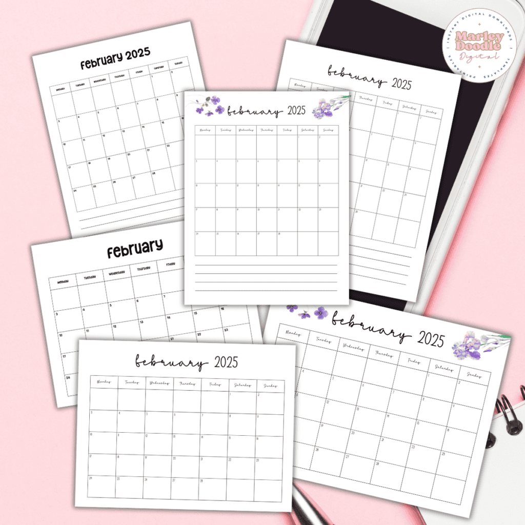 February Monthly Calendar Printables - Marley Doodle Digital