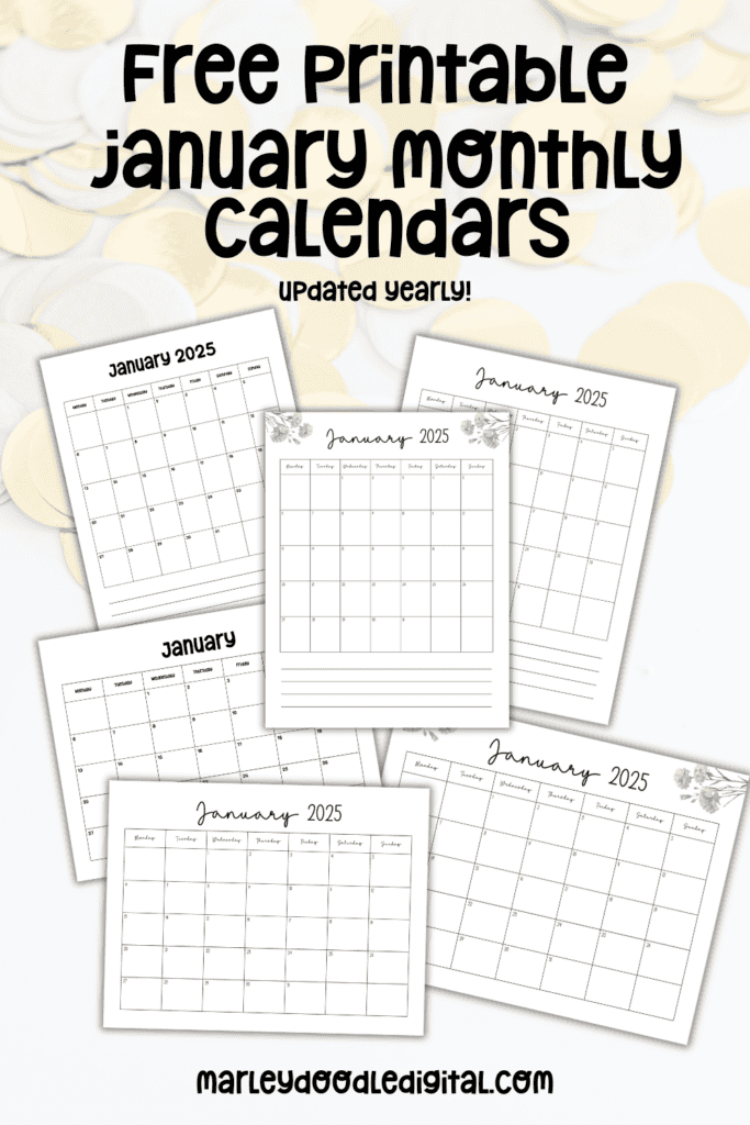 January Monthly Calendar Printables 2025 Marley Doodle Digital