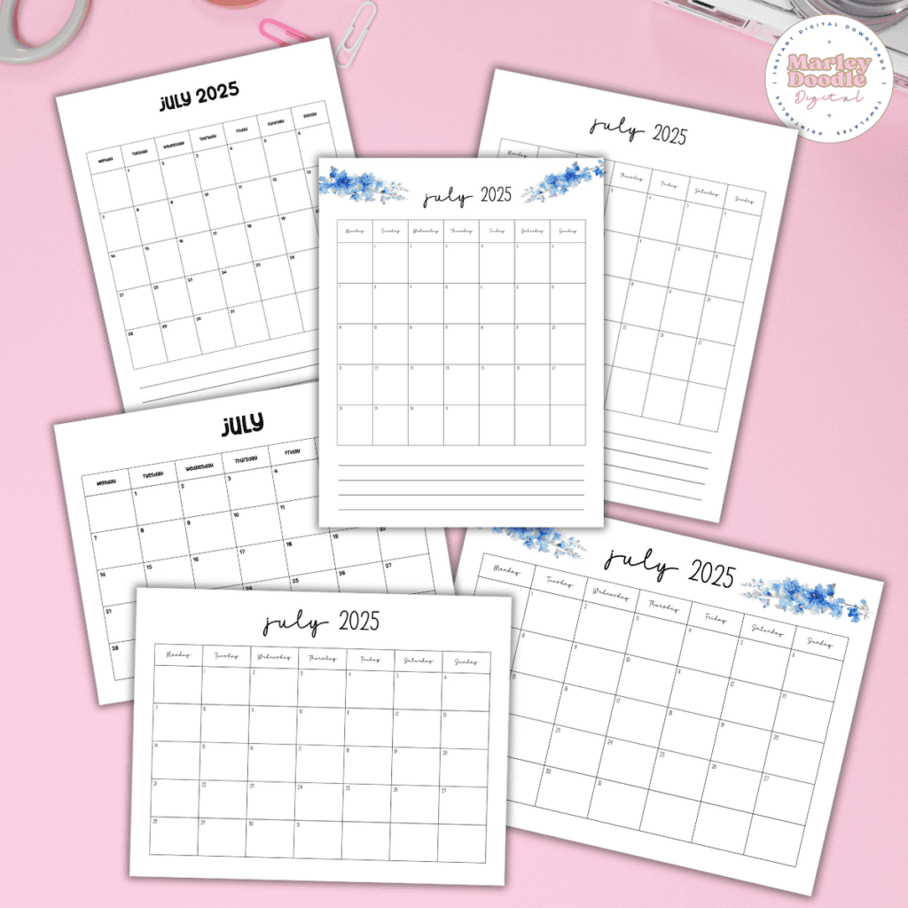 July Monthly Calendar Printables - Marley Doodle Digital