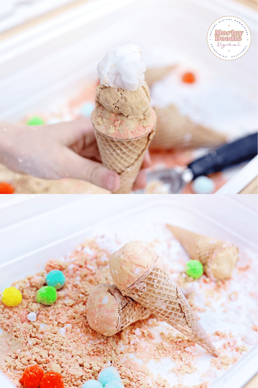 Child holding pretend ice cream cone made with cloud dough.