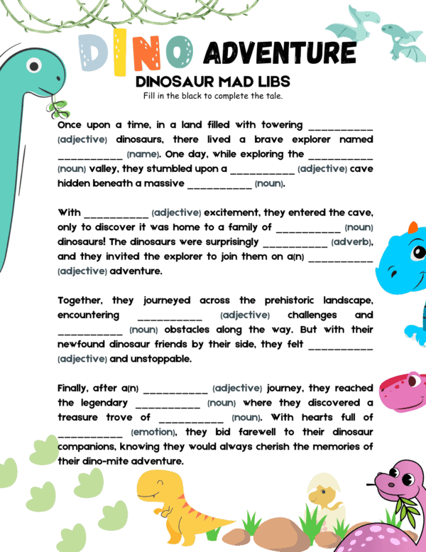 Printable Dinosaur Mad Libs Worksheets