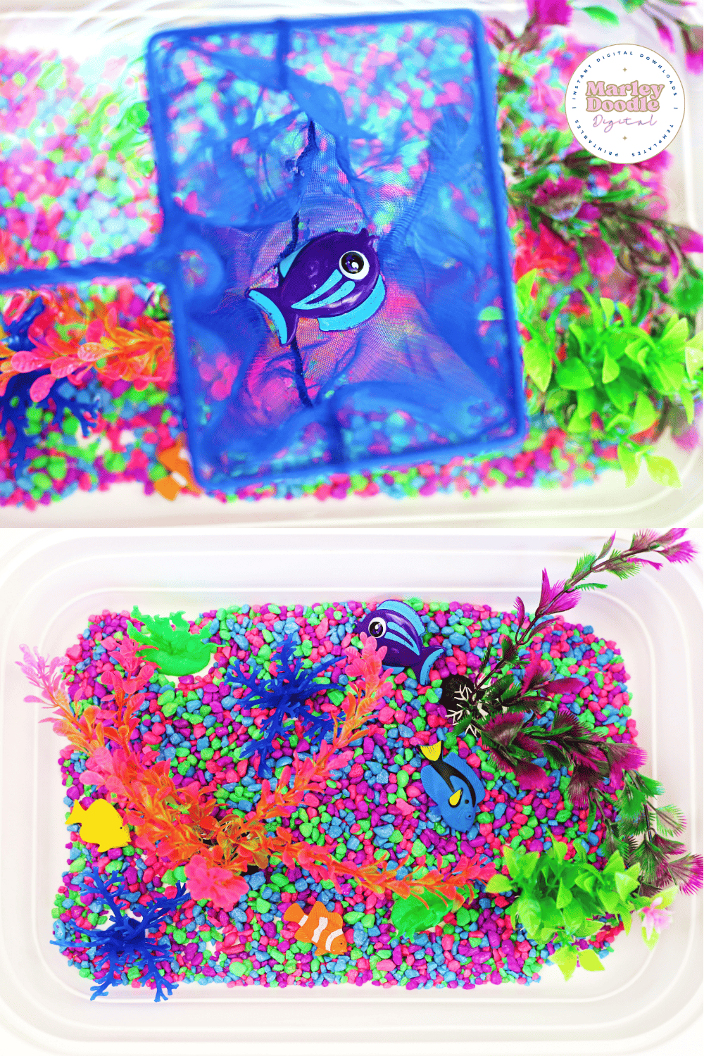 Scooping toy fish with net from aquarium sensory play bin.