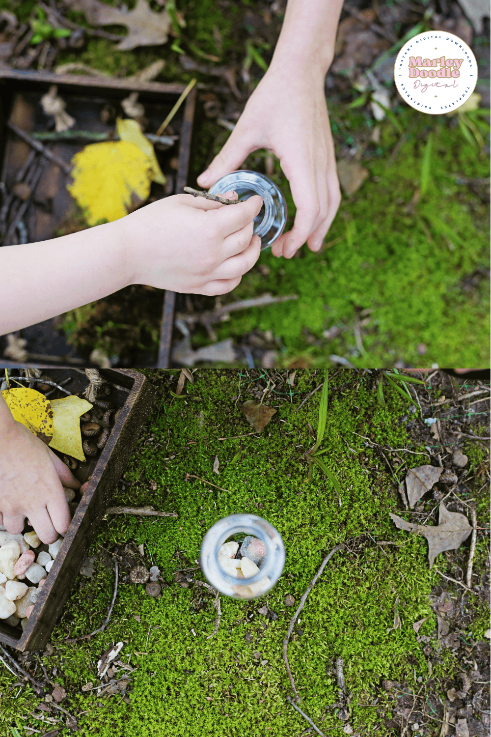 Kids placing twigs and stones into jars for nature sound bottles.
