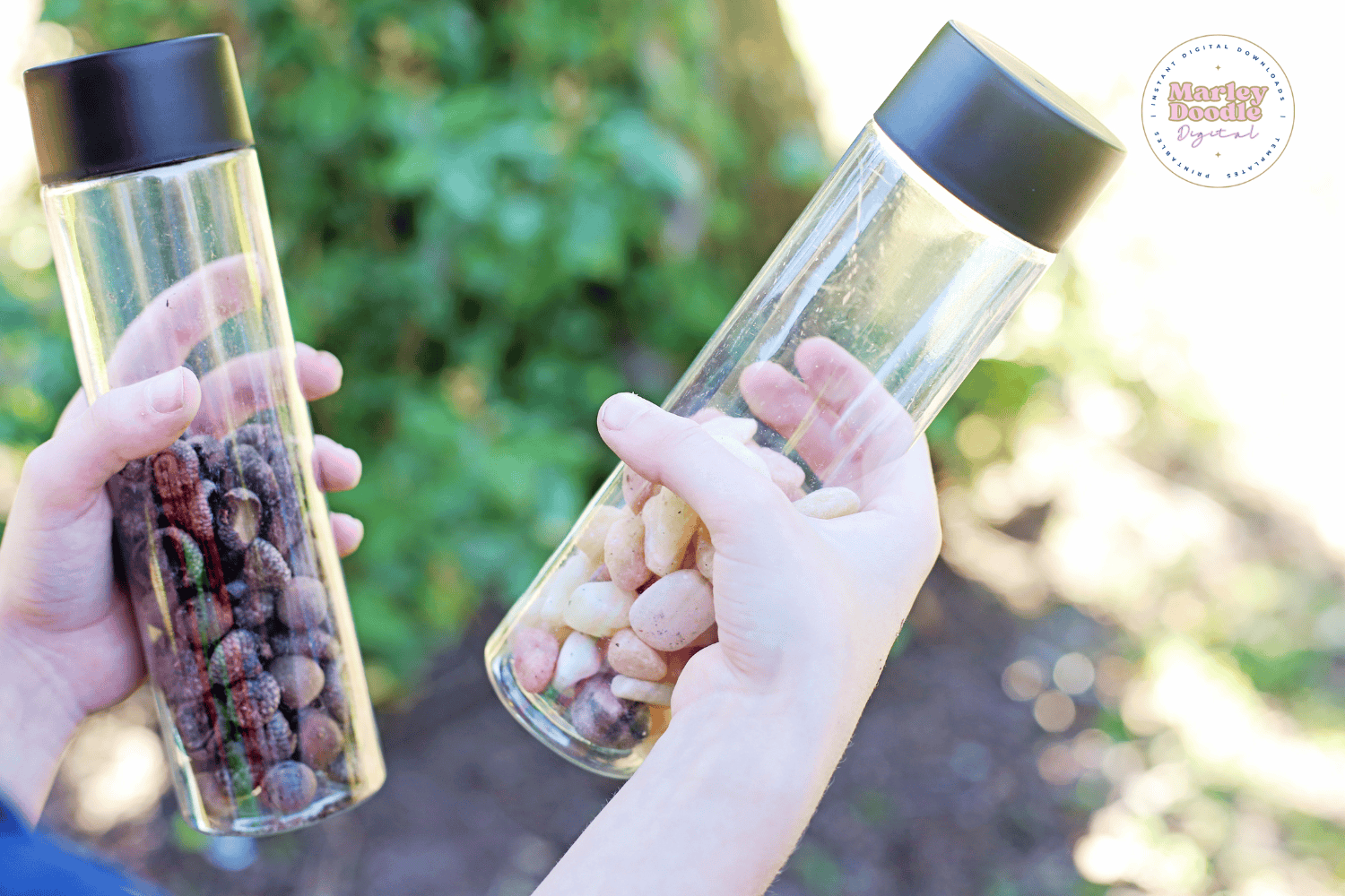 Hands holding clear sensory bottles filled with acorns and pebbles.