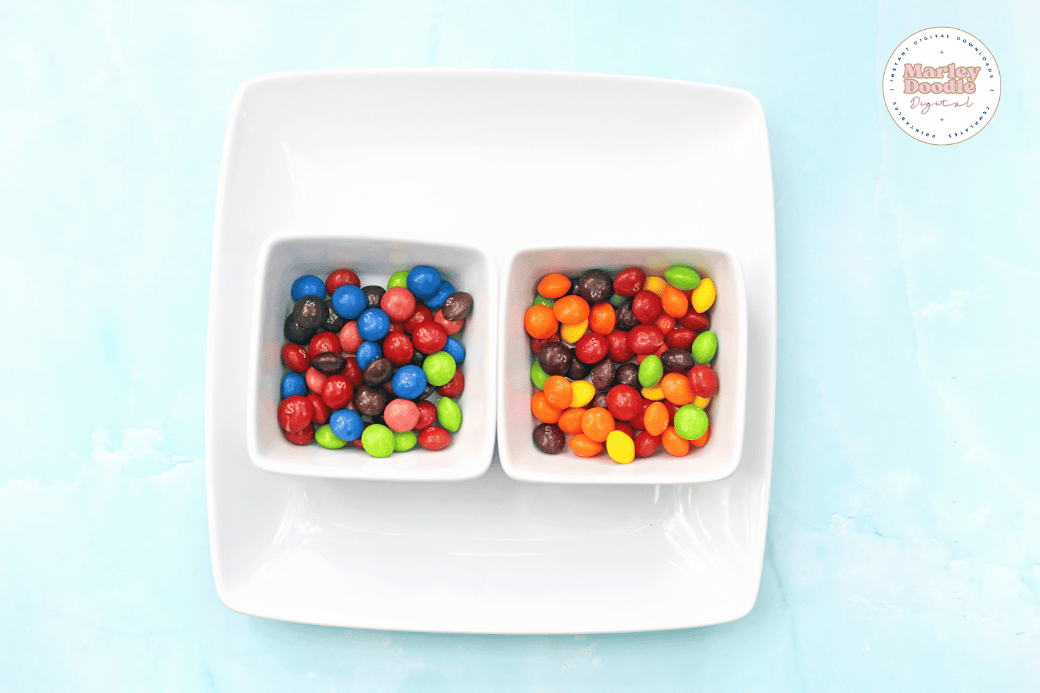 Two bowls of colorful Skittles and candies ready for fireworks experiment
