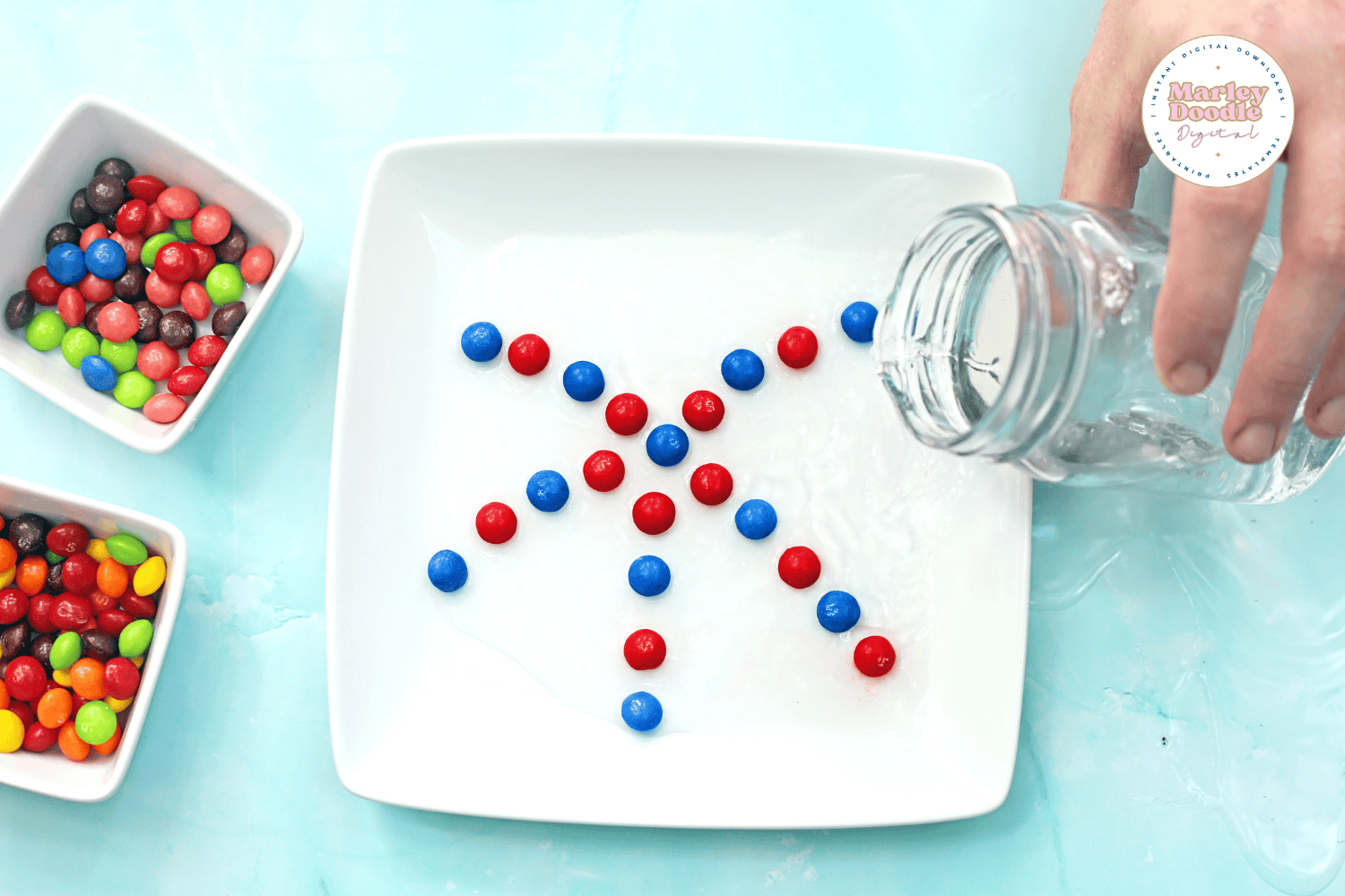 Water being poured over Skittles on plate for fireworks Skittle experiment