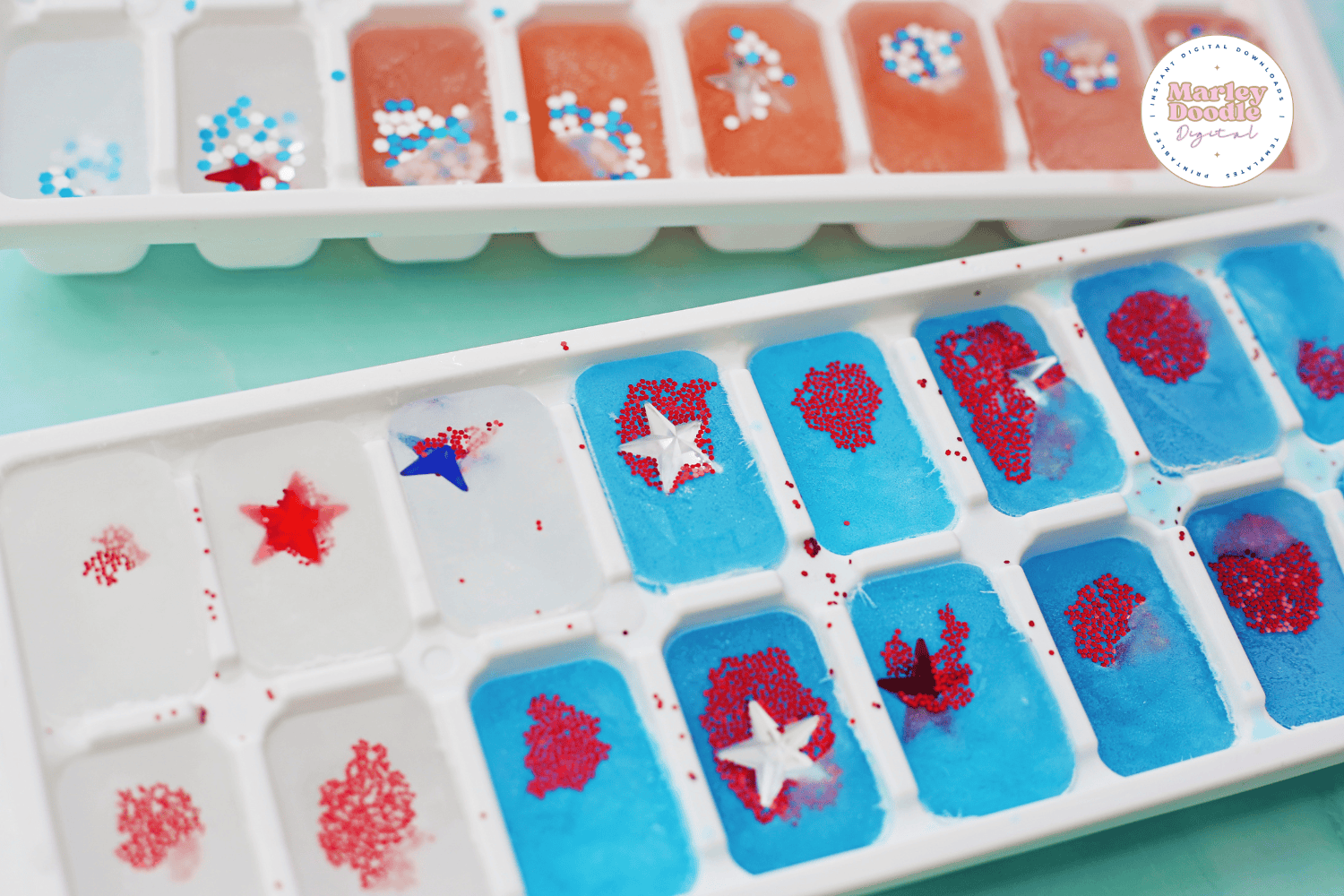 Frozen patriotic ice cubes with stars and red glitter