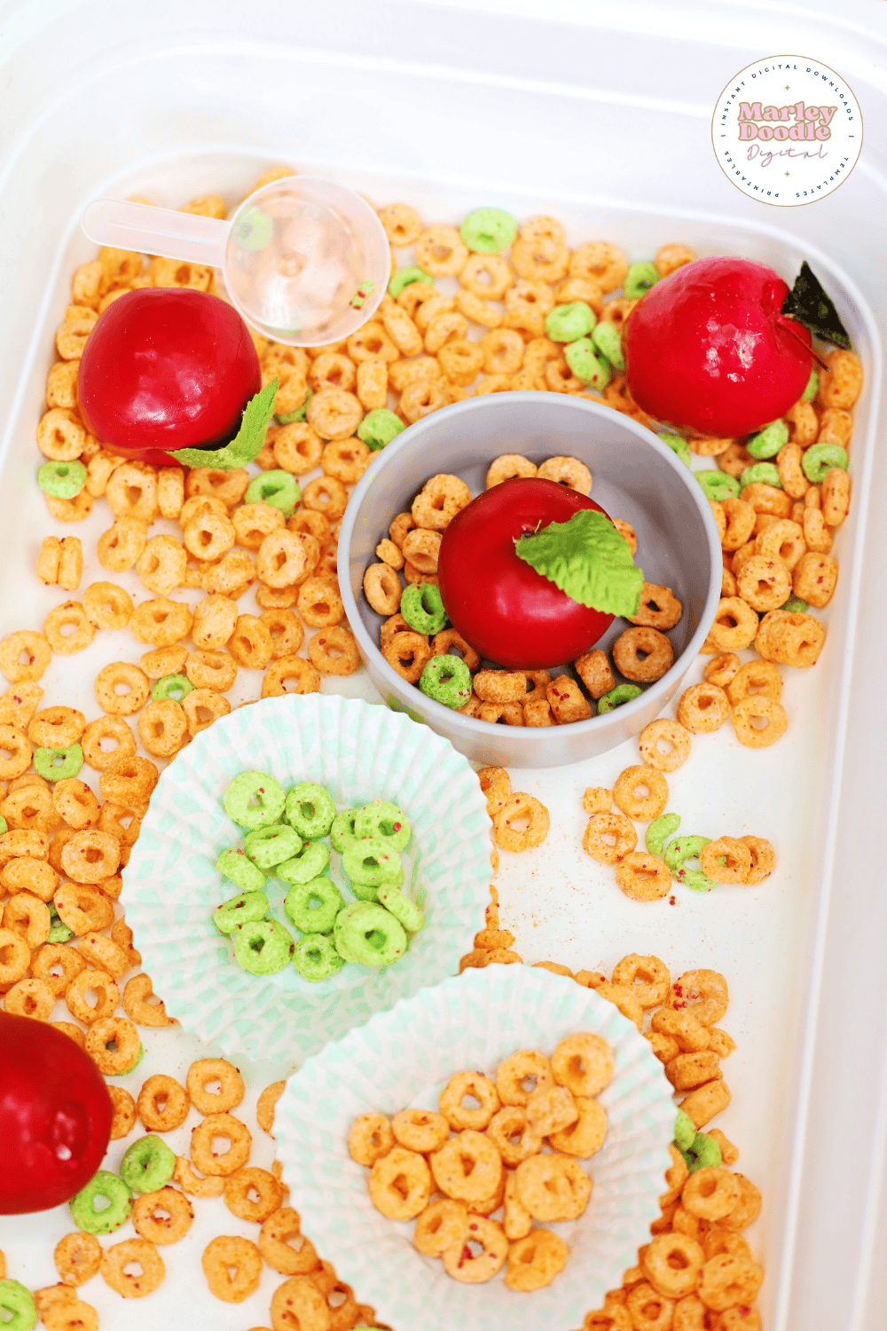Apple Jacks sensory bin with red apples and sorting cups