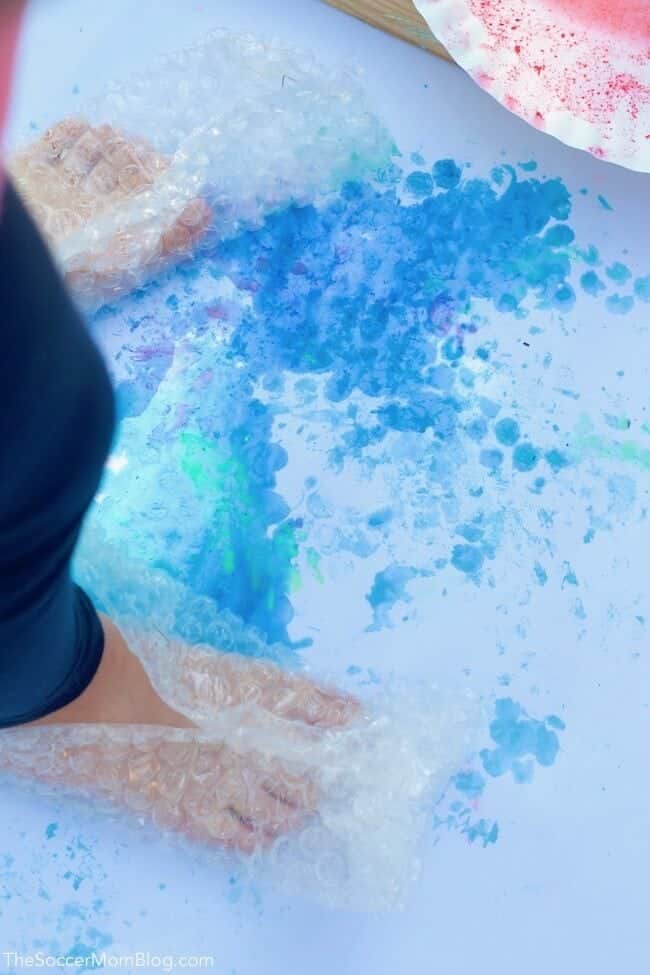 Stomping Bubble Wrap Painting