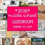 Collage of middle school classroom theme ideas.