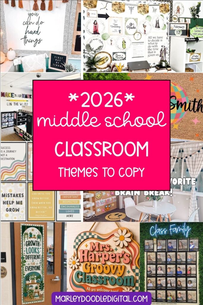 Collage of middle school classroom theme ideas.