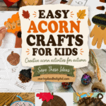 Creative acorn craft ideas for children with autumn themes and materials.